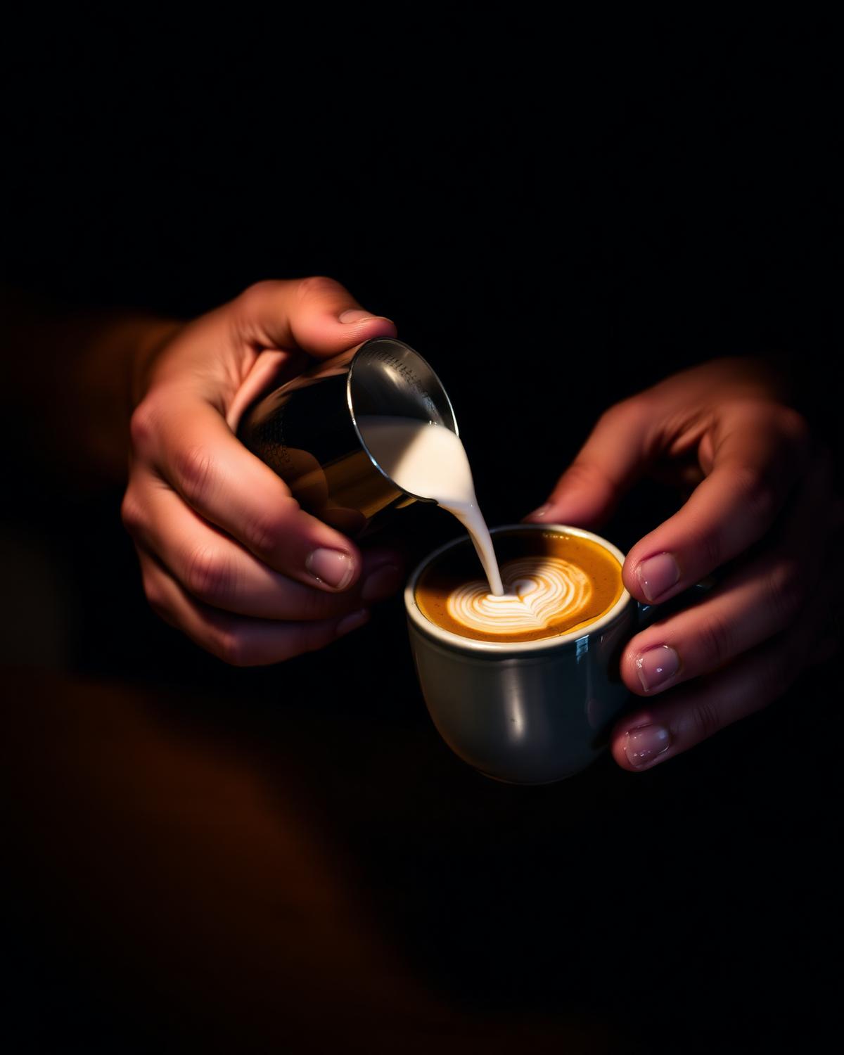 Barista pouring milk into an espresso