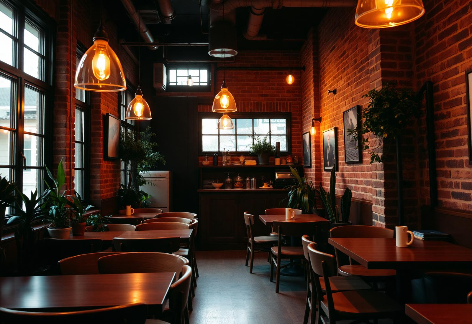 Warm cafe interior with pendant lights and exposed brick