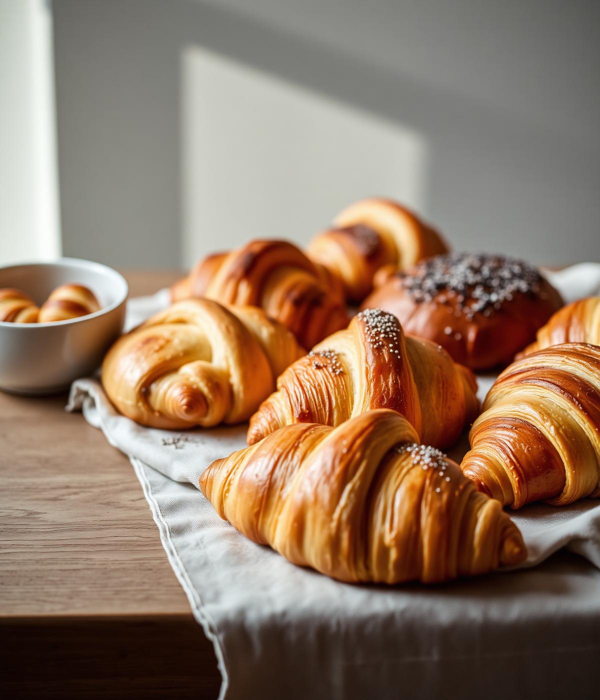 Freshly baked croissants on linen